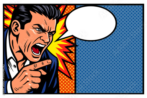 The angry man. Man scolds  and screaming pointing his finger. pop art style vintage advertising. vector illustration.
