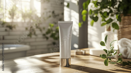 Moisturizing cream tube placed on wooden table in sunlit bathroom  