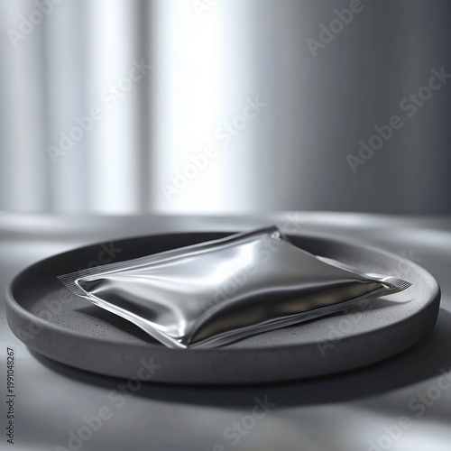 Silver packet placed on a round gray plate in soft lighting  