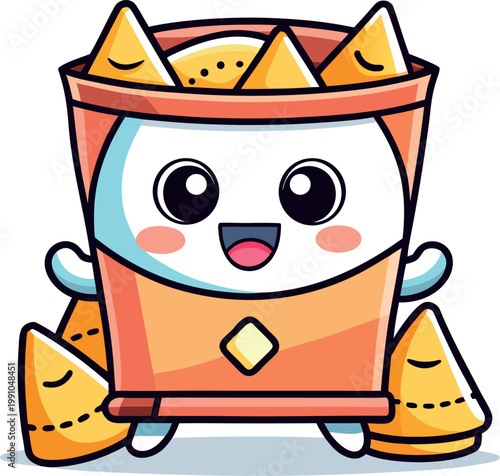 Happy cartoon nachos bowl character with chips surrounding funny snack food illustration.