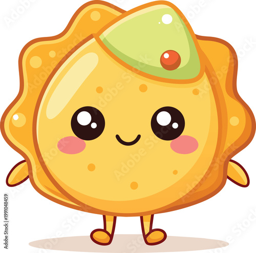 Happy dumpling character with cute face and small limbs traditional asian food mascot kawaii snack sticker vector design.