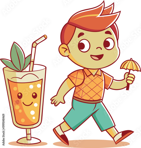 Happy red haired boy character walking next to large orange tropical fruit cocktail with straw and yellow drink umbrella.