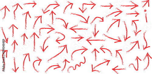 Collection of hand-drawn red arrows with grunge texture on a plain white background