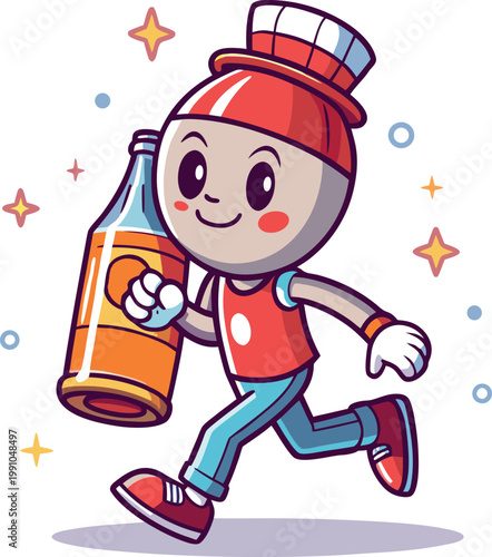 Illustration of cartoon character carrying large bottle of orange soda running with energetic smile and stylish apparel.