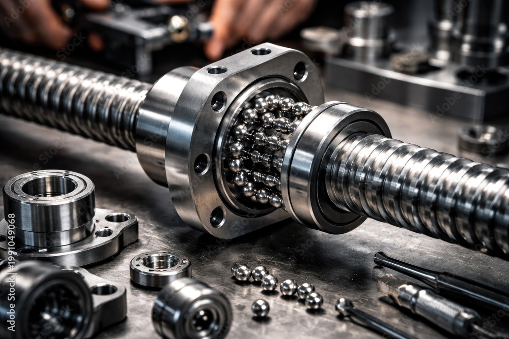 Naklejka premium Macro view showcasing the intricate assembly of spare parts in CNC ball screw manufacturing