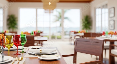 Modern restaurant interior with colorful glasses and elegant table setting  