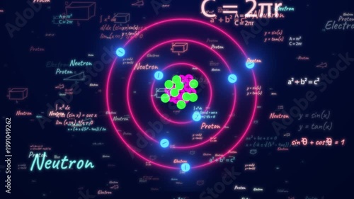 Detailed 3d Animation Of A Glowing Neon Atomic Model With Orbiting Blue Electrons On Pink Paths, Surrounded By Floating Mathematical Formulas, Scientific Equations, And Geometry Symbols On A Dark Blue
