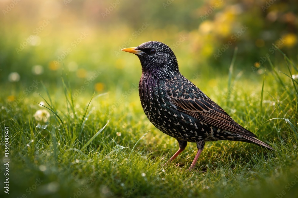Obraz premium Common starling enjoying green grassy habitat in seasonal shift