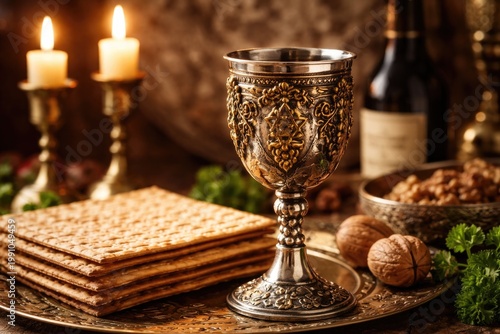 Decorated Passover wine cup with matzah symbols for festive Pesach celebration