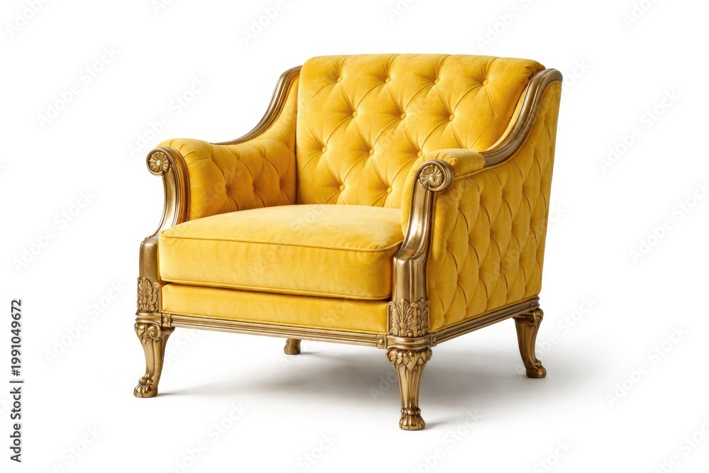Fototapeta premium Classical art deco armchair with quilted yellow upholstery and ornamental brass legs isolated on white backdrop