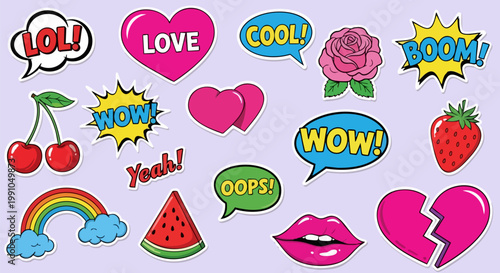 Retro pop art sticker set with comic speech bubbles and hearts, colorful 90s fashion patches, vibrant cartoon emoji collection for social media