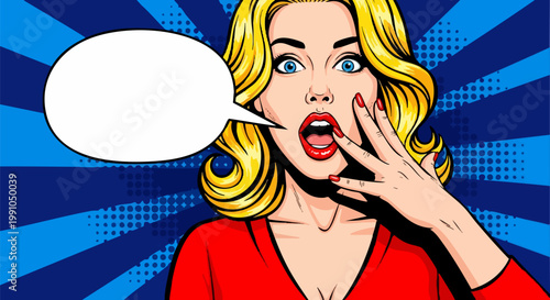 Pop art blonde woman with surprised face expression, vintage comic book style girl with speech bubble, retro shocked lady on blue halftone background