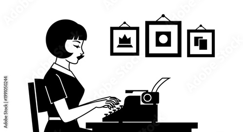 woman sitting at desk typing on typewriter.