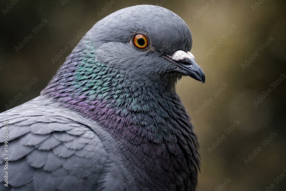 Fototapeta premium Up close portrait highlighting the soft grey feathers of a pigeon