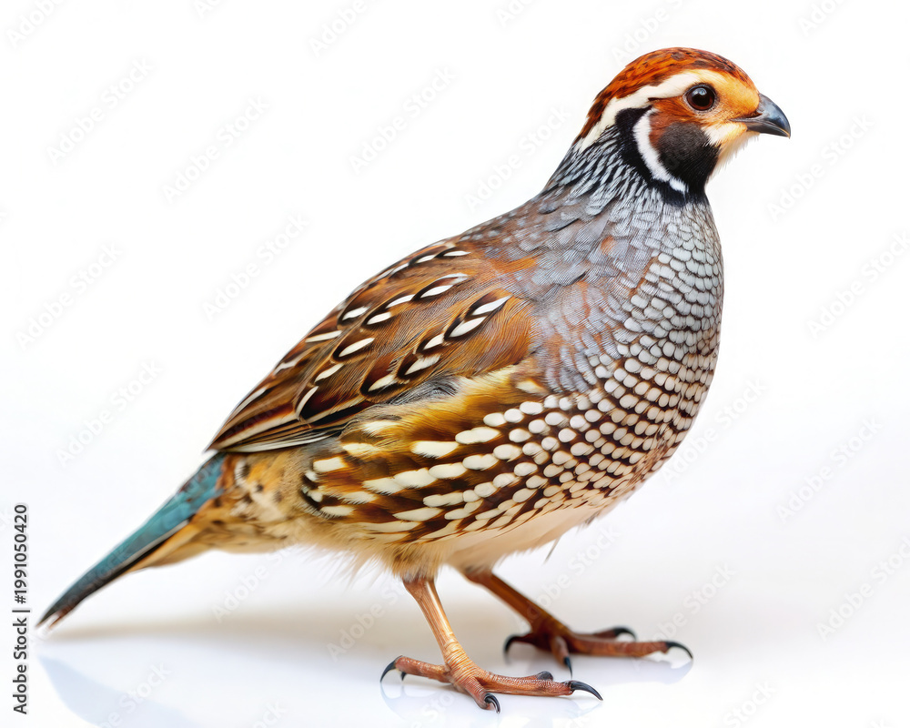 Obraz premium Brown and Blue Quail Standing on White Surface. 