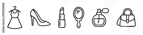 Εκτύπωση καμβά Set of fashion and beauty line icons featuring dress, high heels, lipstick, hand mirror, perfume bottle, and handbag for women's style and shopping concepts