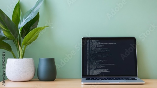 Developer's clean workspace Laptop with code, vibrant green plant and subtle decor on wood, against a soft green wall. Modern coding, focused productivity and nature. ,programmer