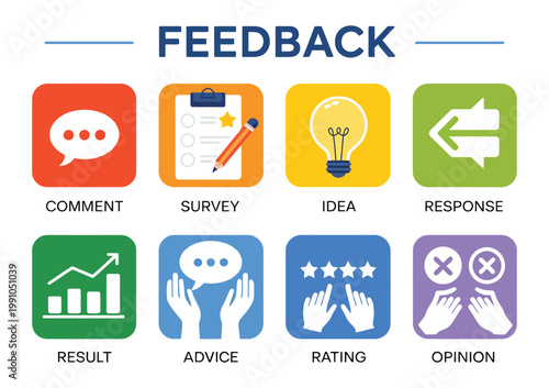 Customer Feedback Banner with Review Icons Set, Comment, Survey, Idea, Response, Result, Advice, Rating and Opinion Symbols, Modern Graphic Design for Business and Marketing