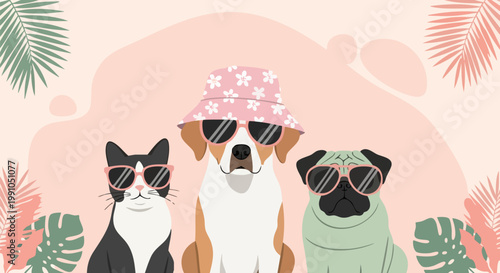 Funny summer pets vector illustration, cute dog and cat wearing sunglasses and bucket hat, tropical vacation animals with palm leaves
