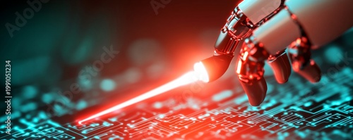 Dynamic close-up of a robotic arm's hand casting a focused red laser onto an illuminated circuit board, embodying advanced AI and future digital precision. Technology, Automation