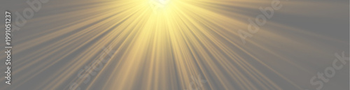 Panoramic golden sunlight rays effect. Vector transparent warm sun beams with bright glow and shining flare isolated on top.