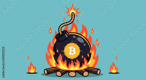 Bitcoin bomb with burning fuse on campfire, cryptocurrency market crash concept vector, digital currency explosion and financial risk illustration