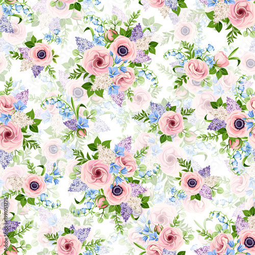 Seamless floral pattern with pink, blue, and purple lisianthus, anemone, bluebell, and lilac flowers. Vector floral print