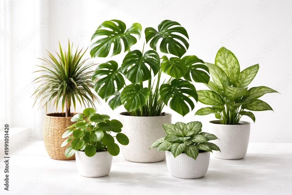 Obraz premium Set of green leafy plants placed on a plain white backdrop with soft daylight for product showcase