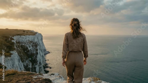 Facing The Horizon Back View On Coastal Cliffs. Back View Framing, Sunset Grass Detail, And A Distant Horizon Line Shape The Scenic Composition Portrait with natural scenery