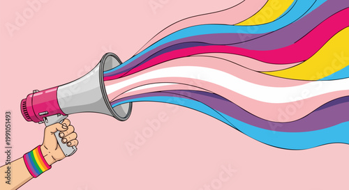 LGBTQ pride megaphone with trans flag colors, hand holding bullhorn with rainbow wristband, transgender rights activism and social protest vector