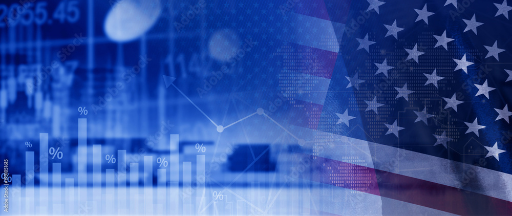 Naklejka premium Stock market business and exchange financial growth graph. Business chart data graph diagram US, business trading graph investment growth, global trend arrow up and down. not ai
