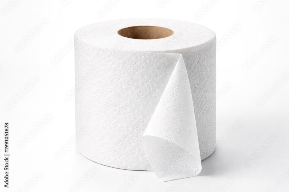 Fototapeta premium Close up of a white toilet paper roll against a simple white backdrop for modern home interiors