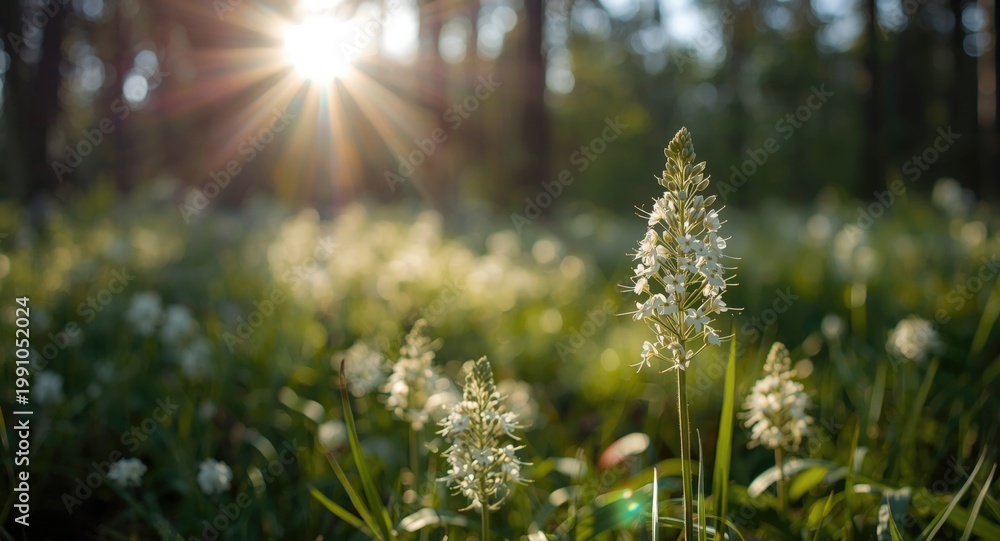 Obraz premium Sunlit white flowers in a forest with blurred greenery and copy space