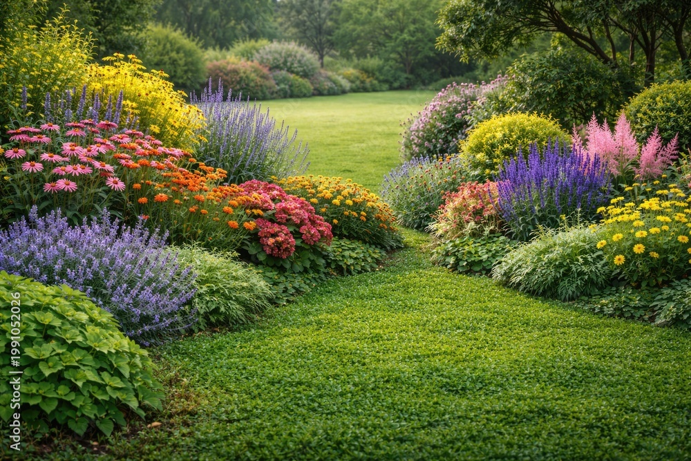 Obraz premium Detailed composition of colorful perennials and shrubs on lush green ground cover with open copy space