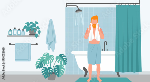 Modern flat vector illustration of man drying face with towel in bathroom, male morning routine in blue tiled washroom, self-care and hygiene concept