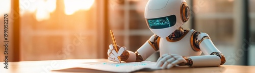 Future AI Creativity White and gold robot, glowing visor, diligently sketches with golden pencil on paper. Warm, sunlit scene embodying synthetic intelligence and learning. Robotics,