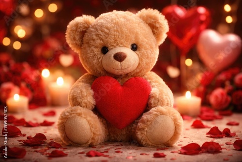 Adorable plush teddy with a scarlet heart symbolizing love for Valentine's Day party
