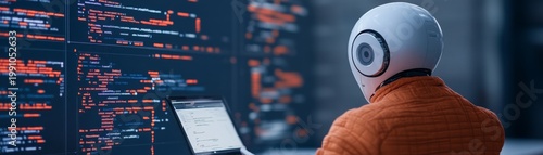 Futuristic AI robot in orange, analyzing complex red code on a laptop and vast glowing screens, depicting autonomous programming. Automation, AI Development