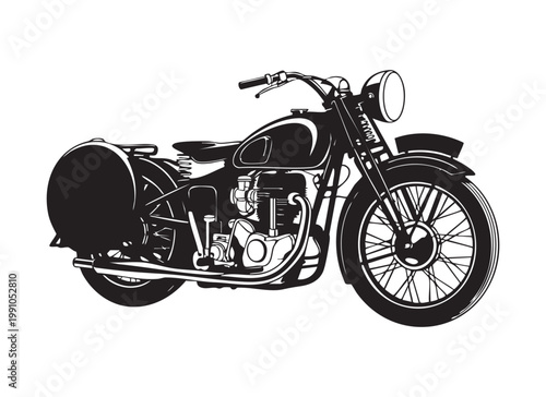 Detailed illustration of vintage motorcycle with classic design, chrome accents, and spoked wheels for retro appeal.