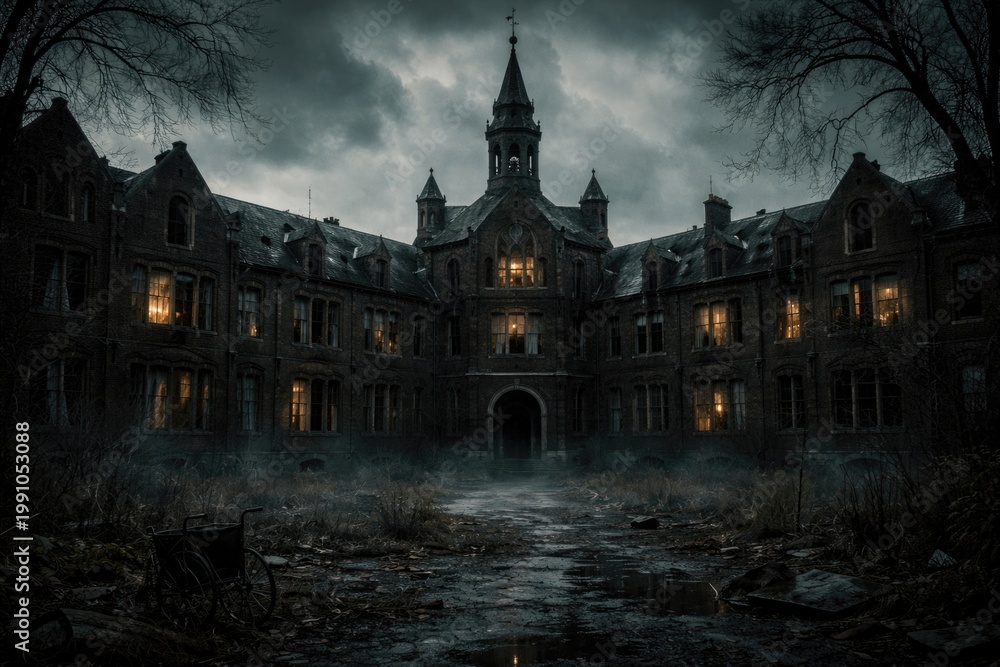 Fototapeta premium Creepy abandoned asylum with spooky atmosphere and broken windows