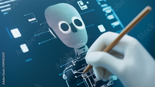 Gloved hand digitally designing a wireframe robot on a glowing blue screen, illustrating advanced AI development and futuristic engineering. Robotics, HCI