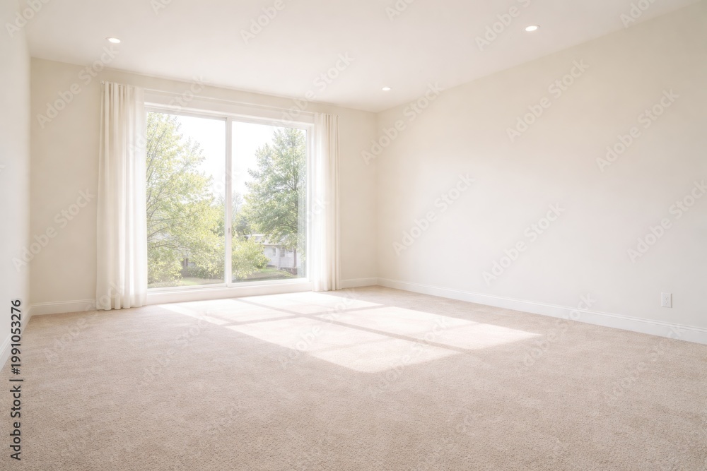 Fototapeta premium Bright empty room with carpeted flooring and big window offering copy space on pale walls