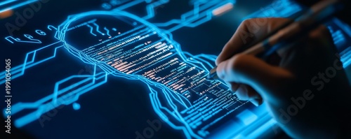 Hand with stylus programs glowing blue digital brain outline on screen, filled with code, symbolizing AI intelligence and future innovation. ,AI, Programming