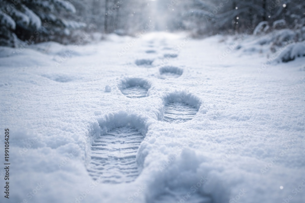 Fototapeta premium Snow-covered ground showing clear footsteps after a recent snowfall