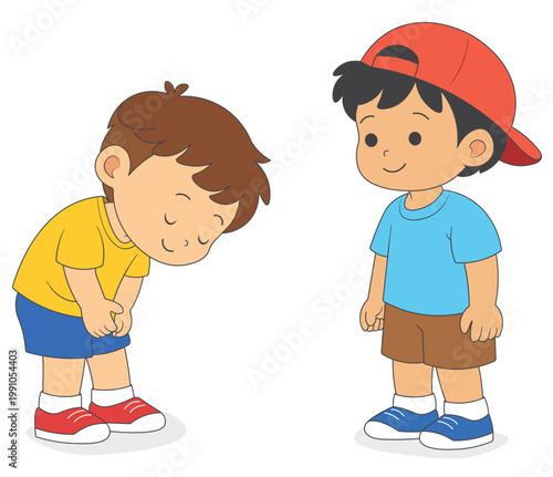 Kid saying sorry to friend, apology and forgiveness between children