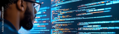 Intense over-shoulder view Programmer in glasses deeply analyzing glowing blueorange code on a large screen, embodying software development, AI and data security. Coding, Technology