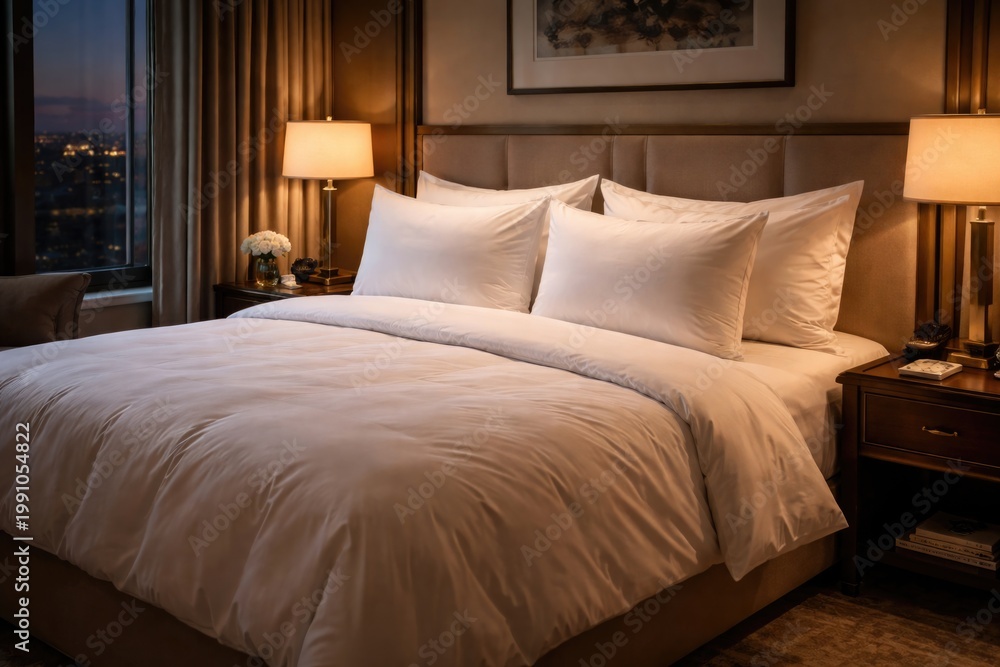 Obraz premium Hotel room interior showcasing an empty bed topped with plush white pillows