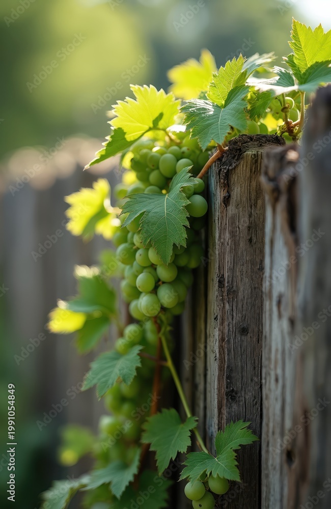 Naklejka premium Unripe green grapes grow on a weathered wooden fence. Vine leaves and developing grape bunches appear in soft sunlight on a rustic garden border. This image suggests growth and summer bounty.