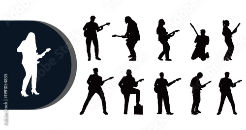 A collection of silhouetted musicians playing electric guitars in various poses