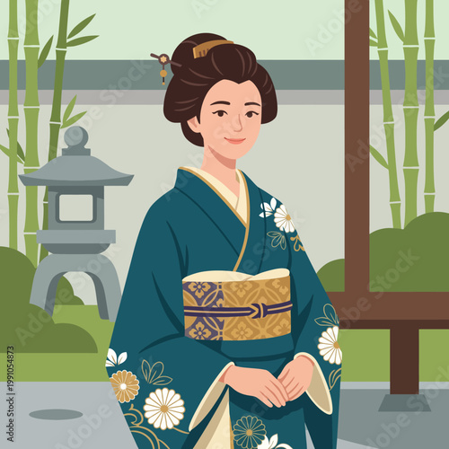 A woman dressed in a traditional kimono stands gracefully in a serene garden, celebrating cultural heritage and the elegance of traditional attire in serene surroundings.